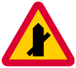 Warning for a junction where road users on a connecting road are obliged to give way or stop