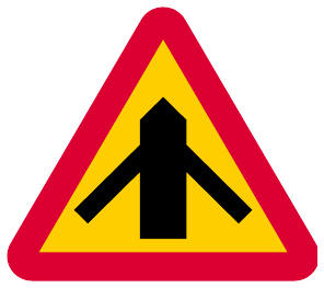 Warning for a junction where road users on a connecting road are obliged to give way or stop