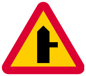 Warning for a junction where road users on a connecting road are obliged to give way or stop